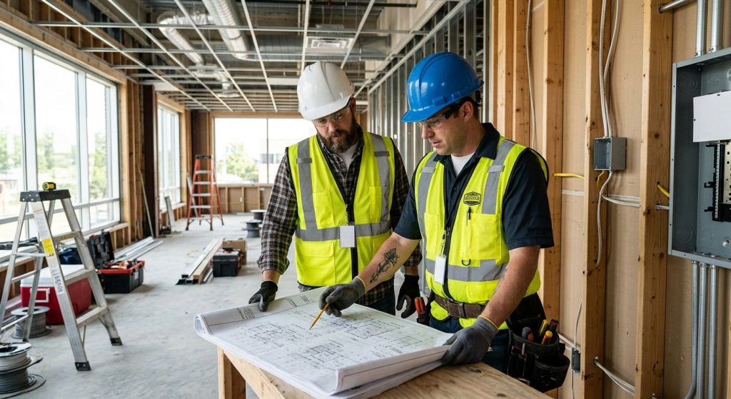 Professional photograph of electrician and contractor reviewing blueprints during commercial tenant improvement construction with exposed stud walls and electrical panel