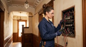 Licensed electrician in a historic San Francisco Victorian home inspecting a vintage electrical panel with a multimeter, wearing safety glasses.
