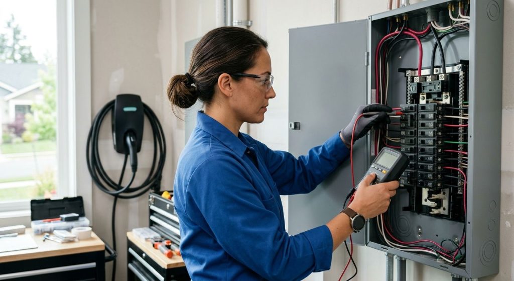 A licensed electrician in a crisp blue uniform uses a digital multimeter to inspect a modern electrical panel in a Vancouver, Washington home.