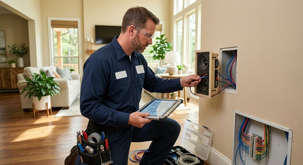 Electrician installing in-wall speaker for whole house audio system in a bright living room in The Woodlands, Texas