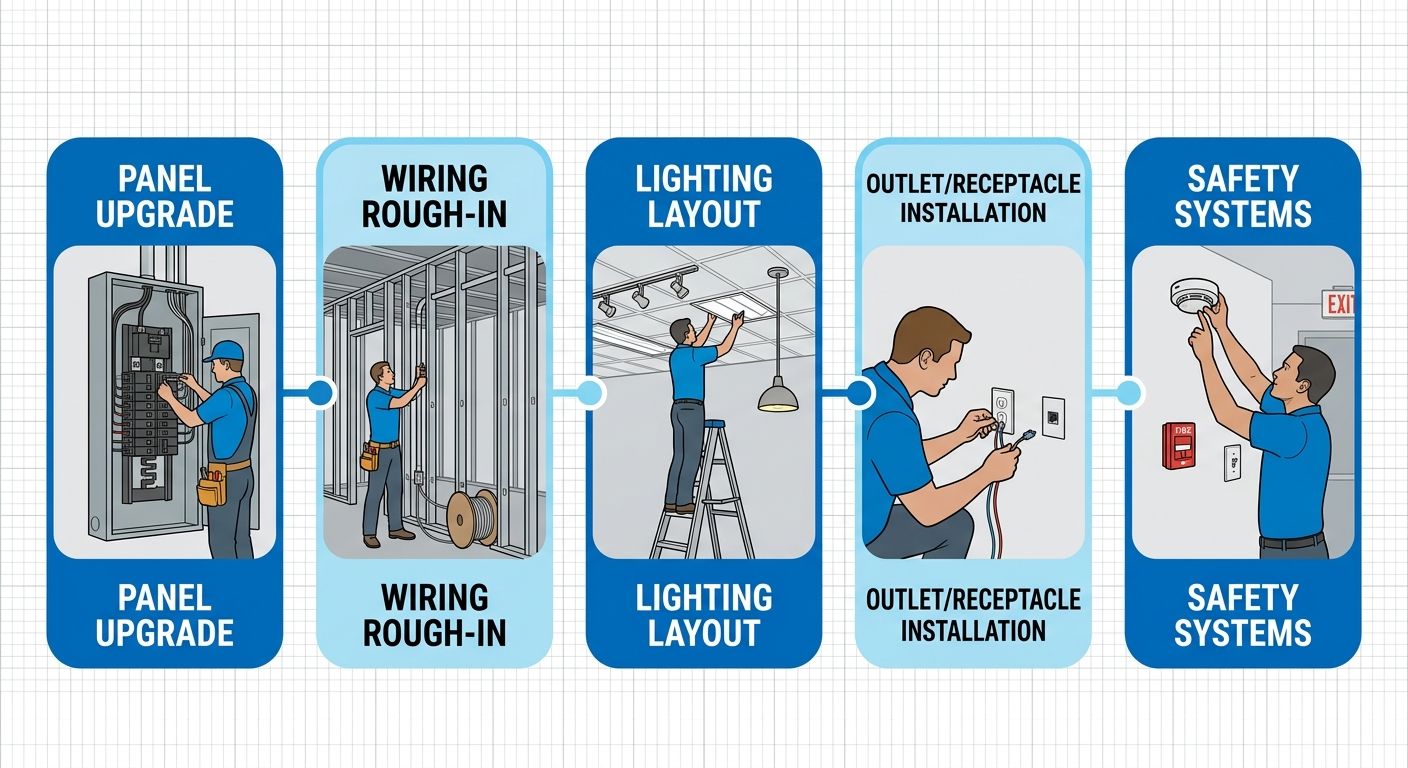 Process flow diagram showing five stages of electrical services for commercial tenant improvements: panel upgrade, wiring rough-in, lighting layout, outlet installation, and safety systems.