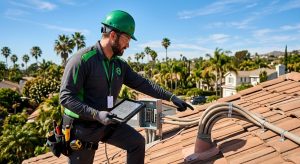 Licensed electrician marking a solar-ready rooftop zone with pre-installed conduit under a California sky