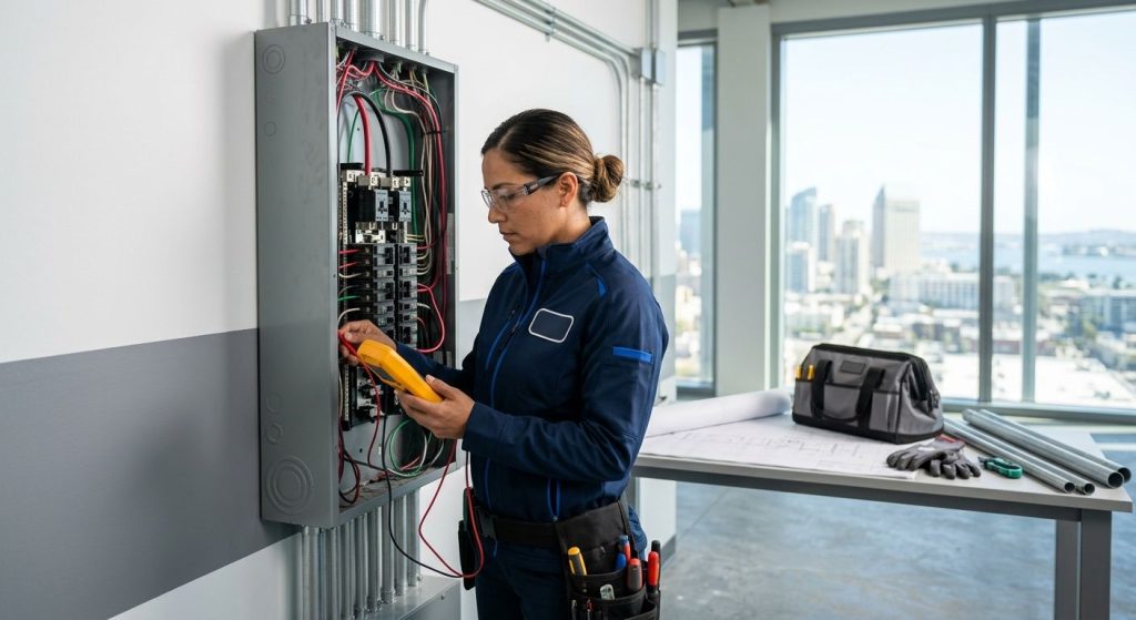 Professional photograph of a commercial electrician in blue uniform working on an electrical panel in a modern San Diego building