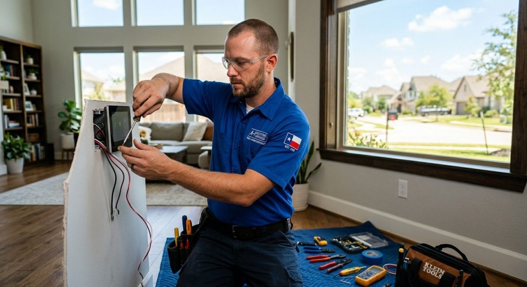 Professional electrician installing smart home hub in Tomball, Texas living room