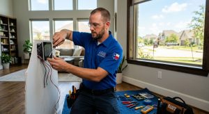 Professional electrician installing smart home hub in Tomball, Texas living room