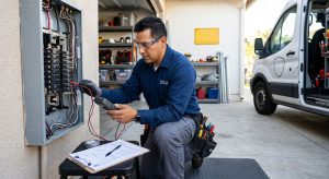 Licensed electrician in a blue uniform inspecting an electrical panel with a multimeter in a bright Santa Ana garage