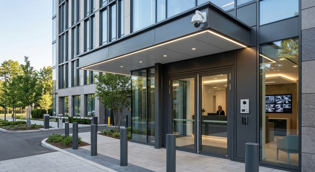 Modern commercial building entrance with keycard access, security camera, intercom, bollards, and monitoring console, emphasizing layered physical security