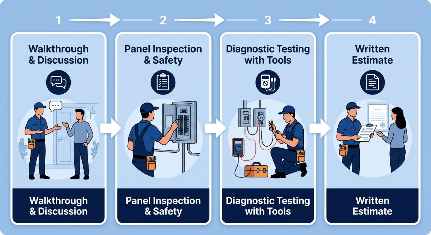 Horizontal process flow showing 4 diagnostic steps an electrician takes at a Goleta home: Walkthrough & Symptom Discussion, Panel Inspection & Safety Check, Diagnostic Testing with Tools, and Plain-English Explanation & Written Estimate.