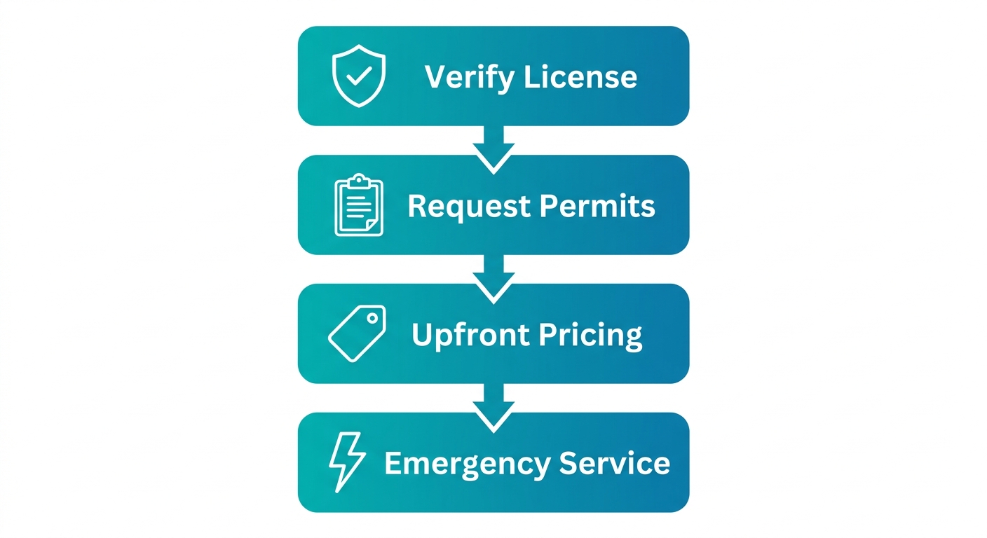 Vertical process flow diagram with four teal and blue gradient cards showing how to hire a licensed electrician in Santa Ana: Verify License, Request Permits, Upfront Pricing, and Emergency Service, with white icons connected by downward arrows.