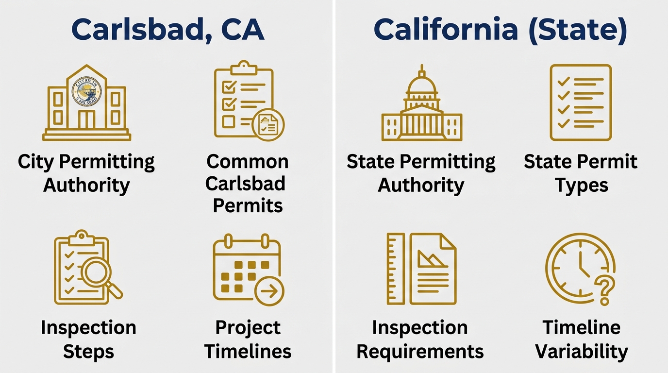 Infographic comparing electrical permitting processes between Carlsbad, CA and California state. Left column Carlsbad shows four items: City Permitting Authority, Common Carlsbad Permits, Inspection Steps, Project Timelines. Right column California State shows: State Permitting Authority, State Permit Types, Inspection Requirements, Timeline Variability. Navy headers and text, gold outlined icons, light gray background.