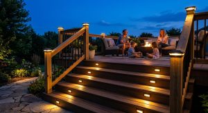 Professional dusk photograph of a wooden deck illuminated by warm LED step lights and post cap lights, with a family sitting in the background, golden light contrasting against deep blue twilight sky, shallow depth of field emphasizing lighting fixtures, conveying relaxation and outdoor living.