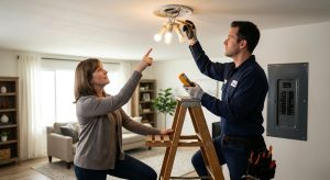 Electrician in navy uniform inspecting a ceiling light fixture with a voltage tester while a homeowner points to a flickering LED bulb in a modern living room with a fuse panel visible in the background