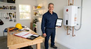 Licensed electrician in navy uniform holding a tablet beside a newly installed white electric water heater in a bright garage