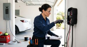 Licensed electrician installing EV charger in residential garage with Tesla car and breaker panel