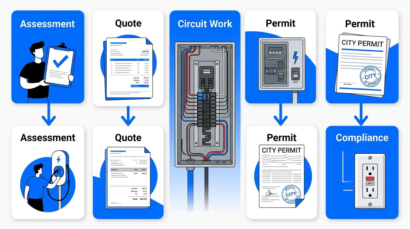 Vertical process flow of EV charger installation showing five stages: assessment, quote, circuit work, permit, and compliance.