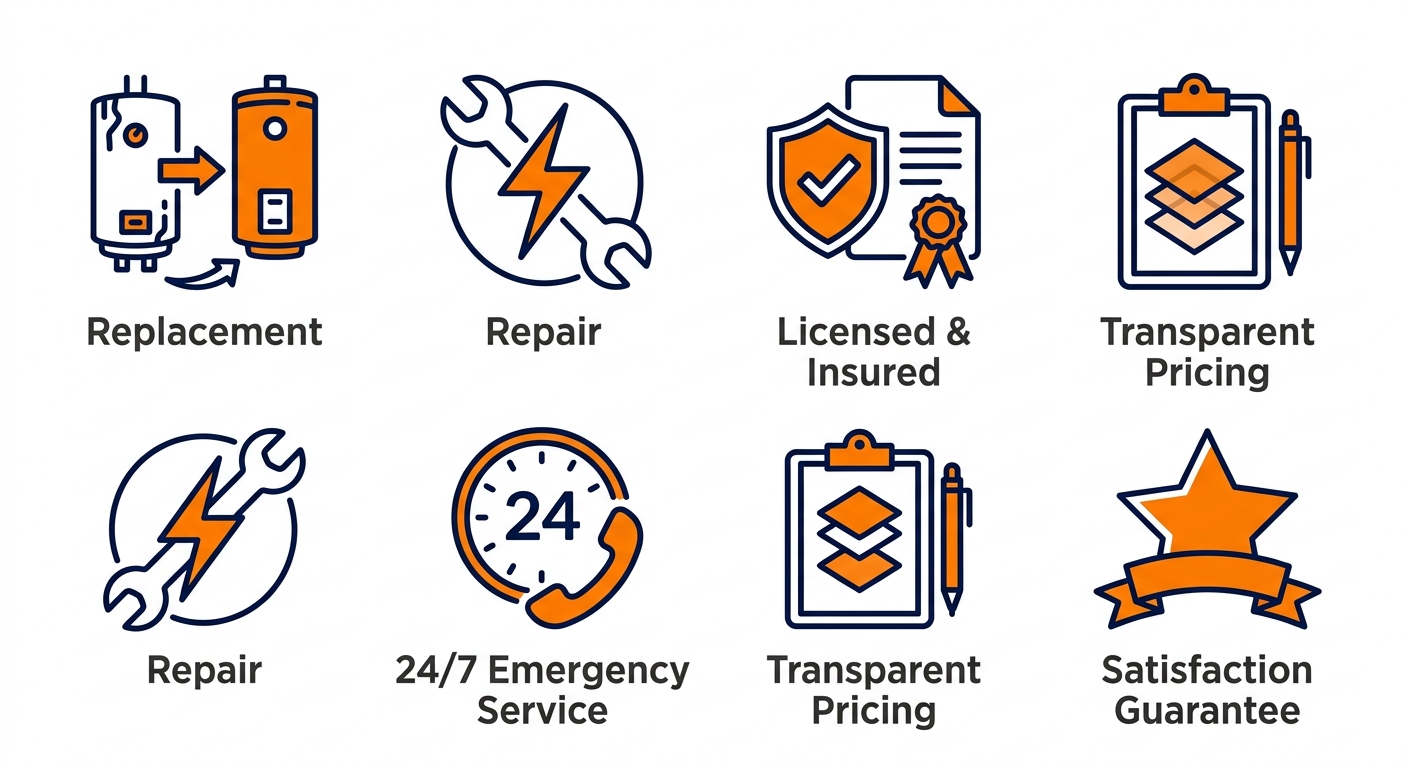Six-icon set showing Blue Moon Electrical water heater services: Replacement, Repair, 24/7 Emergency Service, Licensed & Insured, Transparent Pricing, and Satisfaction Guarantee, in navy blue and orange flat style on white