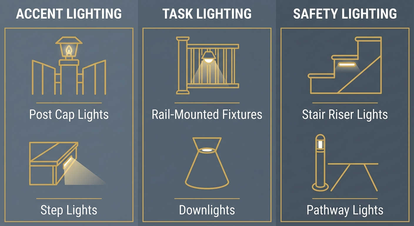 Infographic comparing three deck lighting types: accent lighting with post cap and step lights, task lighting with rail-mounted and downlights, safety lighting with stair riser and pathway lights.