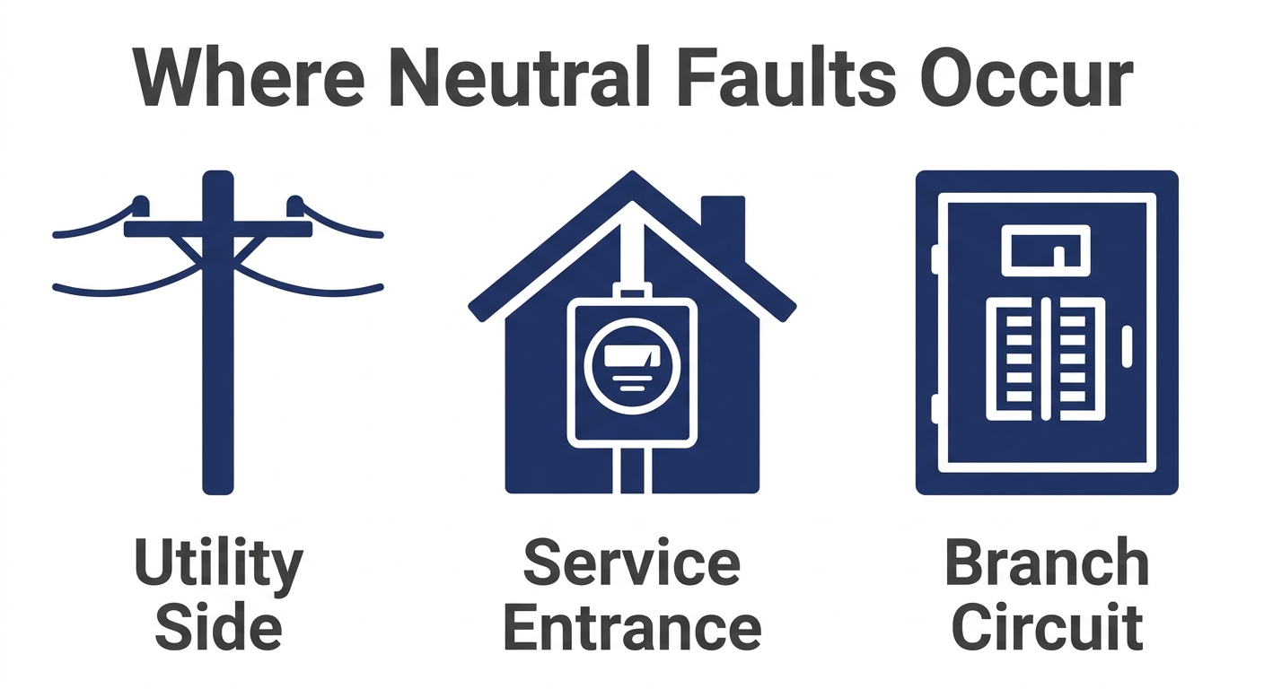 Infographic showing three locations where loose neutral wires can occur: utility pole, electric meter, and electrical panel